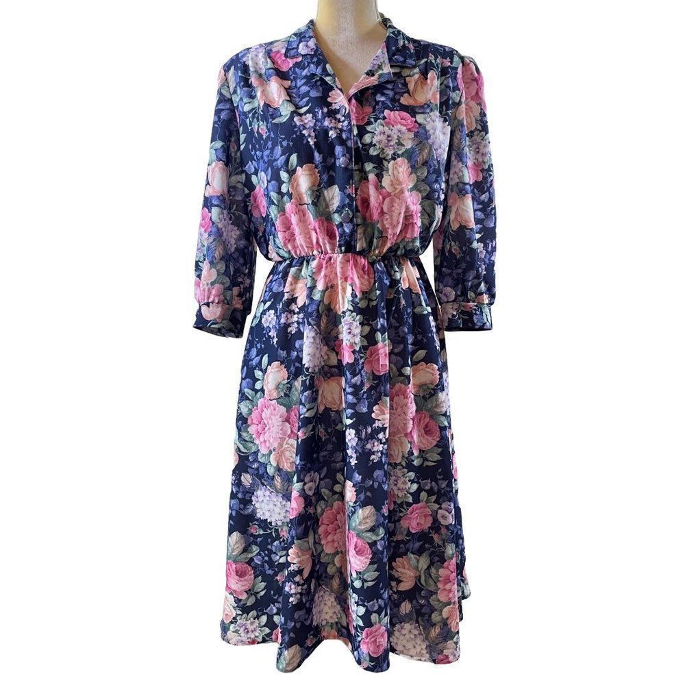 80s Vintage California Looks Dark Blue and Pink Floral Crepe Midi Dress Size 12